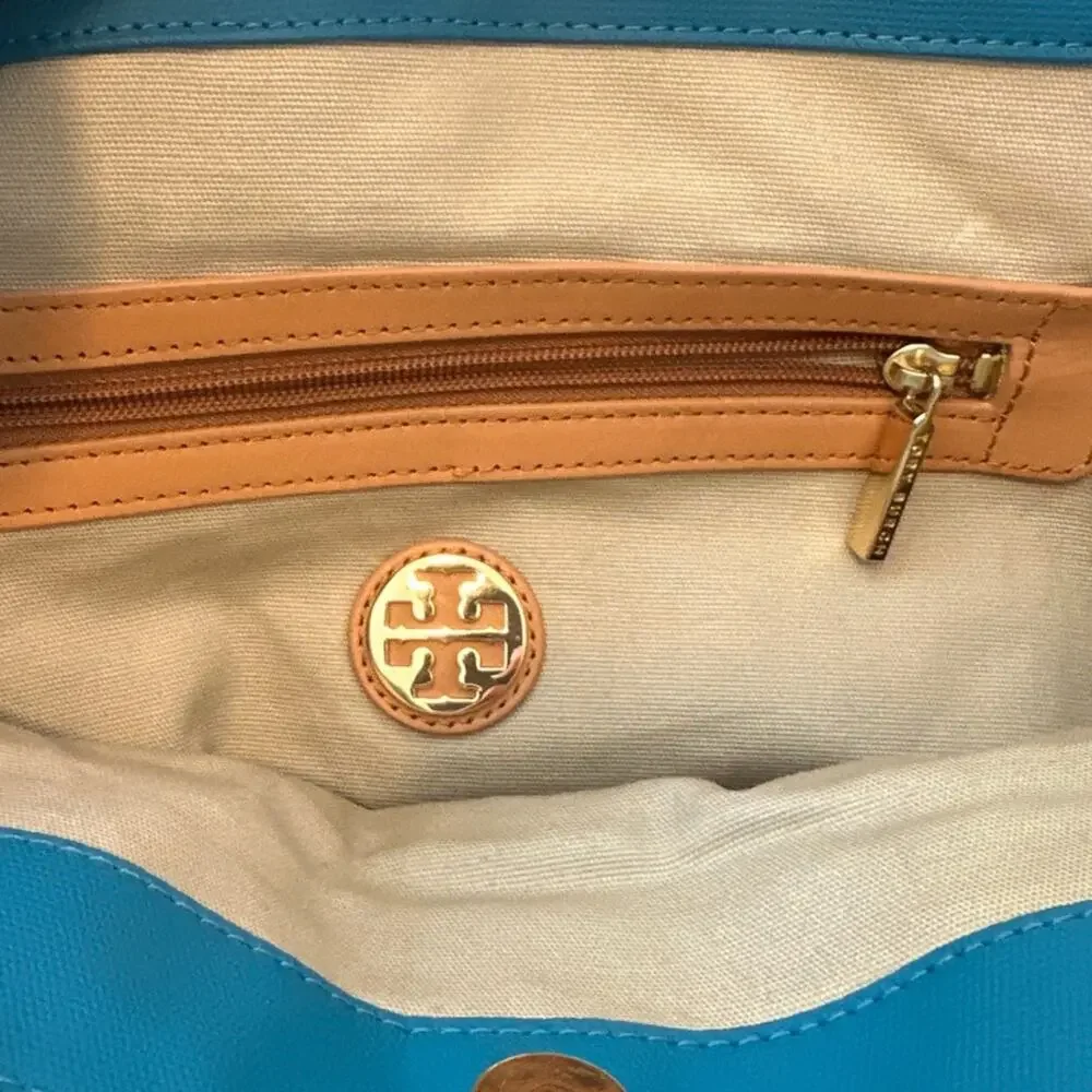 Tory Burch Jaden Tote Blue Canvas Coconut Tan Leather Shopper Bag